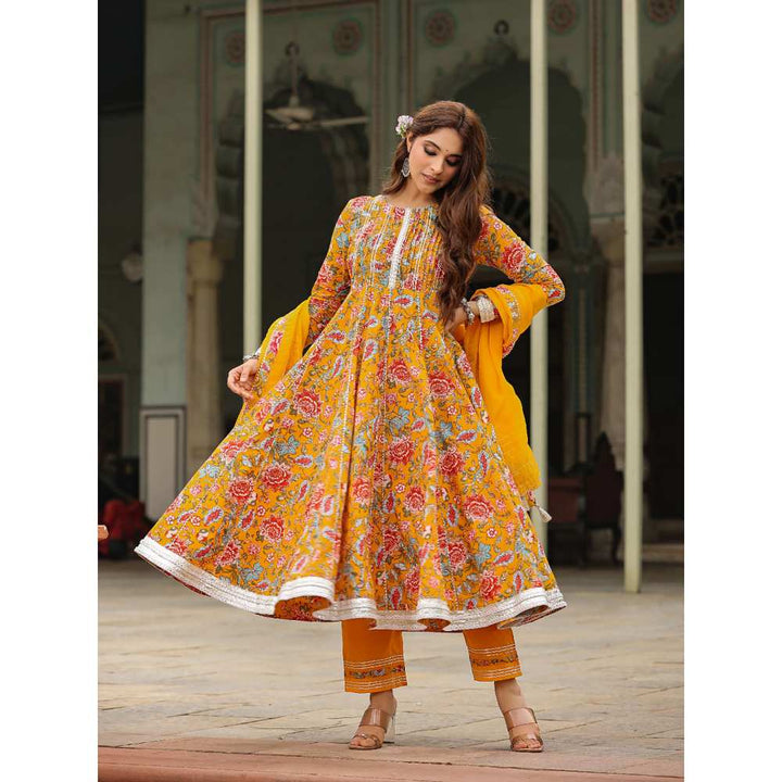 EverBloom Inaya Yellow Floral Printed Anarkali Suit Set With Pant And Dupatta (Set of 3)