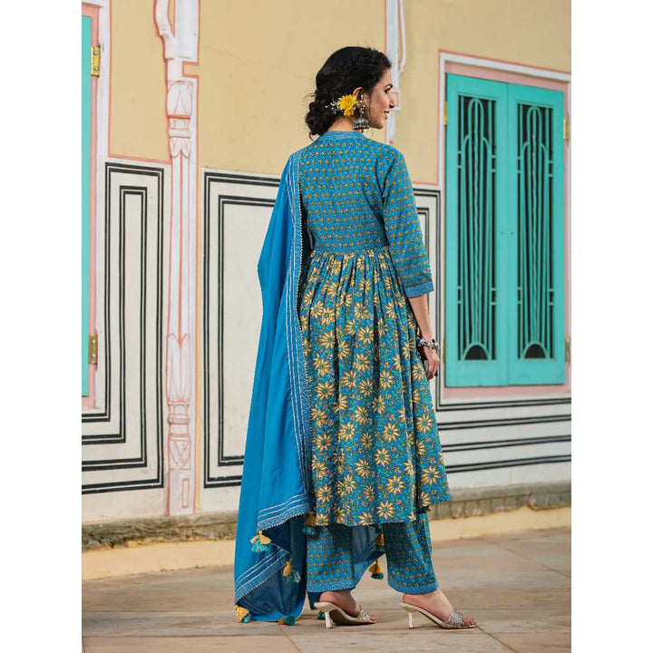 EverBloom Waani Blue Gathered Suit With Pant And Dupatta (Set of 3)