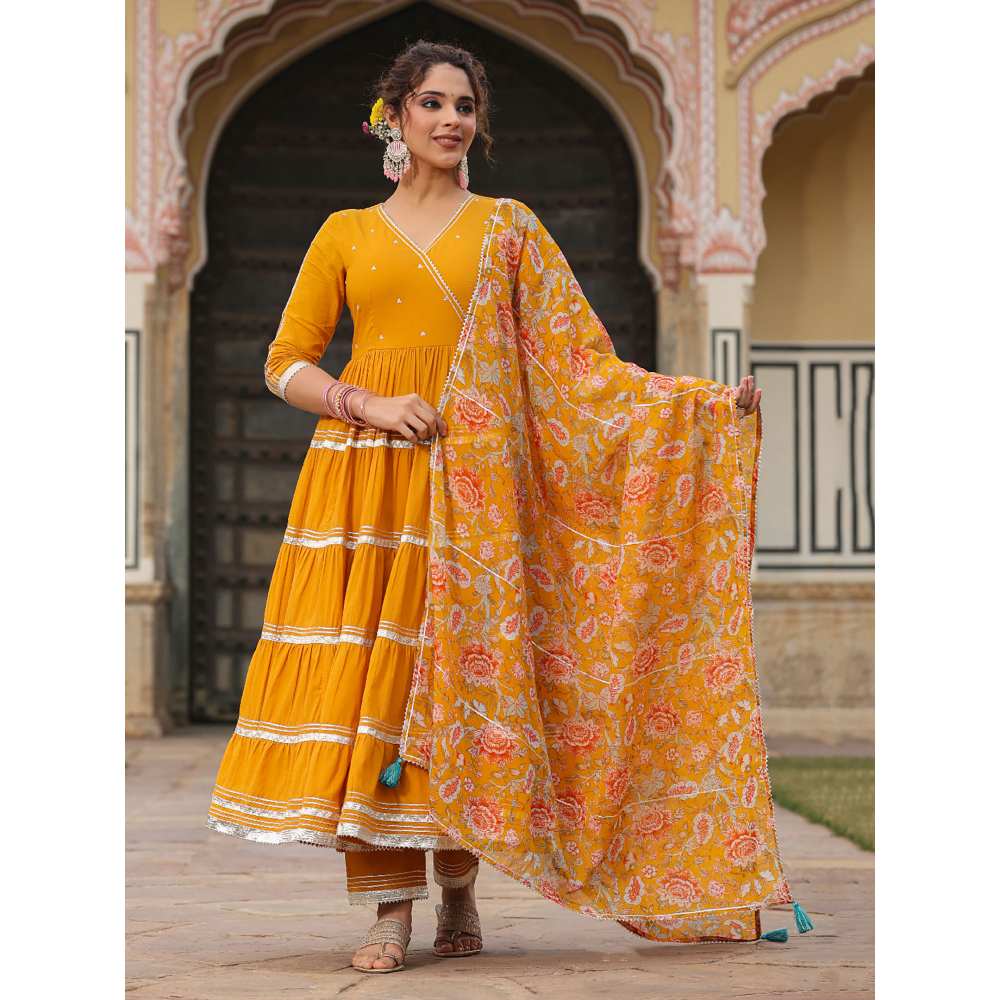 EverBloom Tooba Angrakha Tiered Solid Suit Set With Pant And Dupatta (Set of 3)