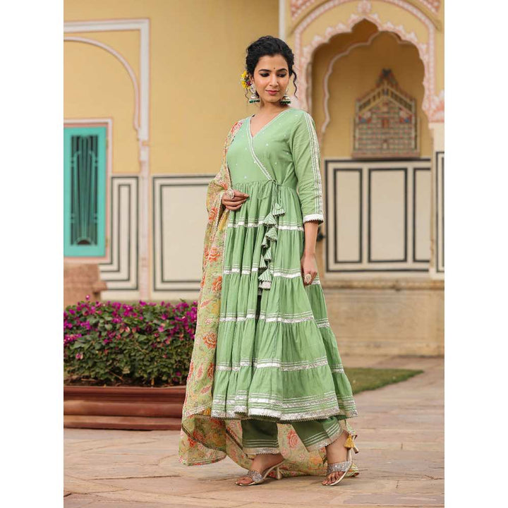 EverBloom Zara Angrakha Solid Tiered Suit Set With Pant And Dupatta (Set of 3)