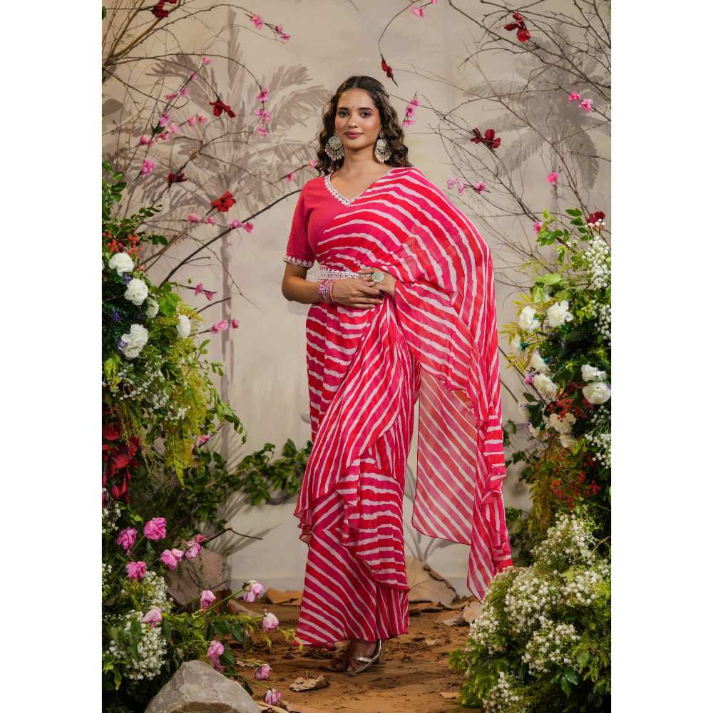 EverBloom Swara Pink Leheriya Pre-Draped Saree & Belt with Stitched Blouse