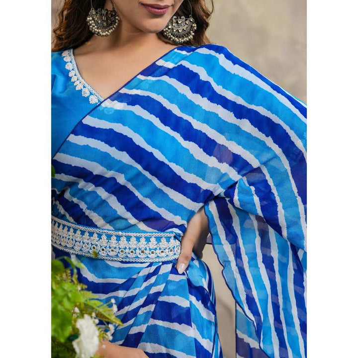 EverBloom Dia Blue Leheriya Pre-Draped Saree & Belt with Stitched Blouse