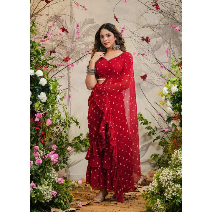 EverBloom Palki Red Bandhej Pre-Draped Saree with Stitched Blouse
