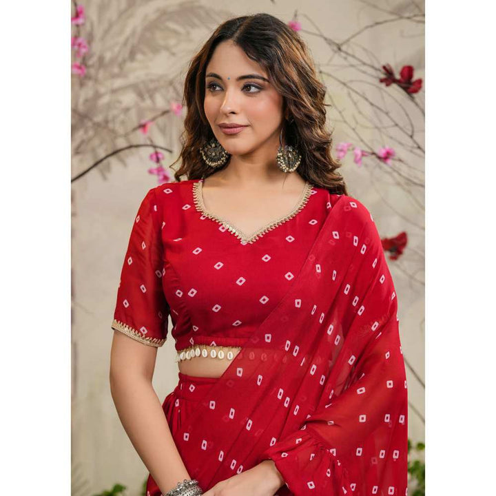 EverBloom Palki Red Bandhej Pre-Draped Saree with Stitched Blouse