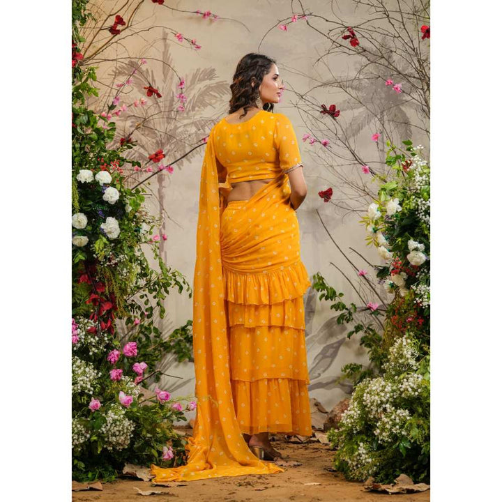 EverBloom Chandni Yellow Bandhej Pre-Draped Saree with Stitched Blouse