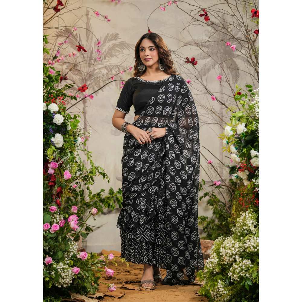 EverBloom Mira Black Bandhej Tiered Saree with Stitched Blouse