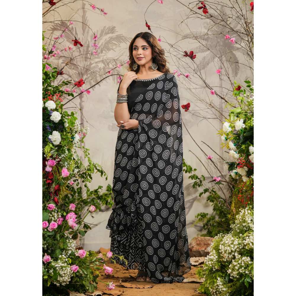 EverBloom Mira Black Bandhej Tiered Saree with Stitched Blouse
