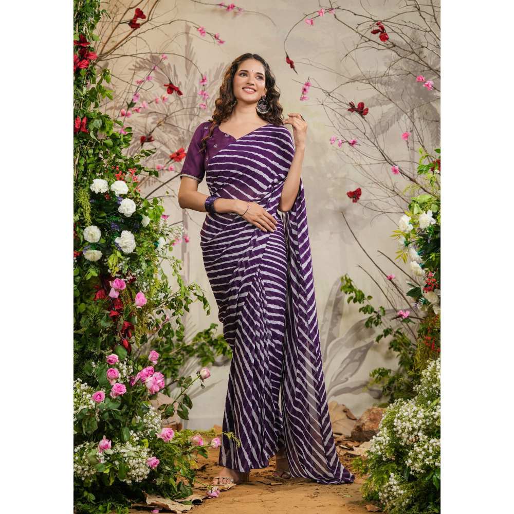 EverBloom Nia Purple Leheriya Pre-Draped Saree with Stitched Blouse