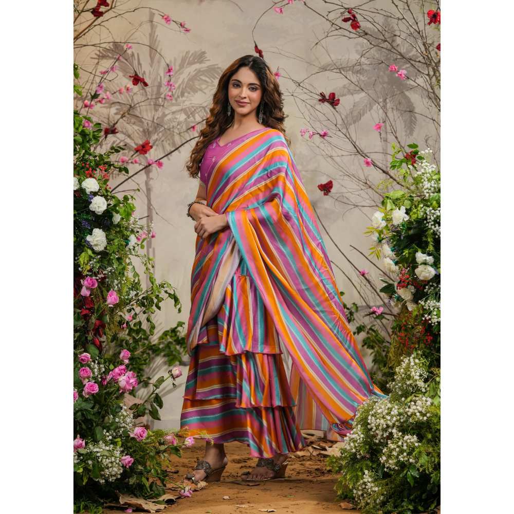EverBloom Satrangi Strips Multicolor Pre-Draped Saree with Stitched Blouse