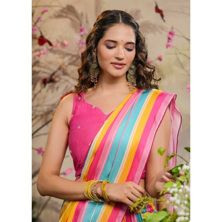 EverBloom Roze Strips Pink Sharara Pre-Draped Saree with Stitched Blouse