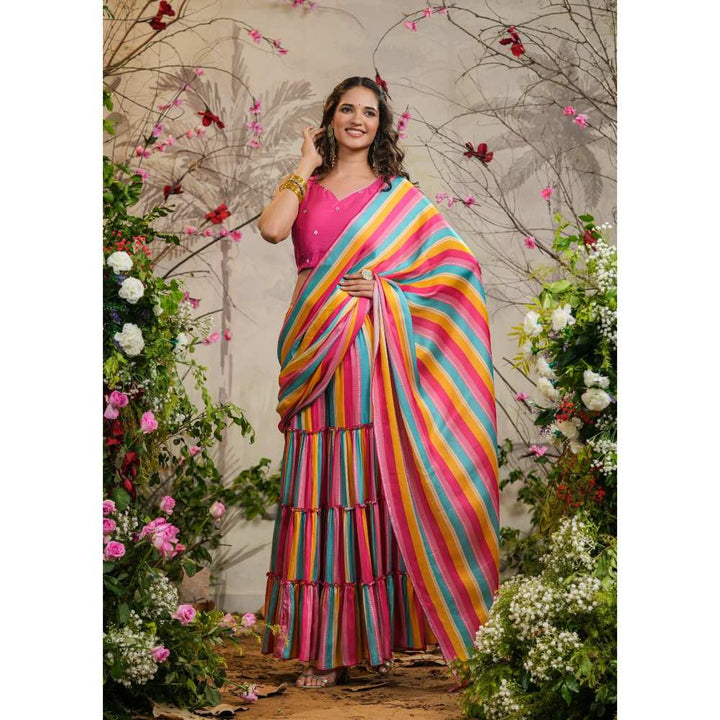 EverBloom Roze Strips Pink Sharara Pre-Draped Saree with Stitched Blouse