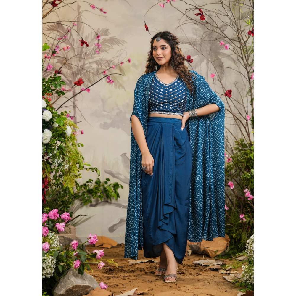 EverBloom Geet Teal Bandhej Draped Skirt with Cape & Blouse (Set of 3)