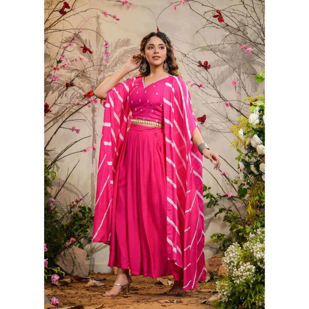EverBloom Gulaal Pink Solid Palazzos with Blouse & Leheriya Cape (Set of 3)