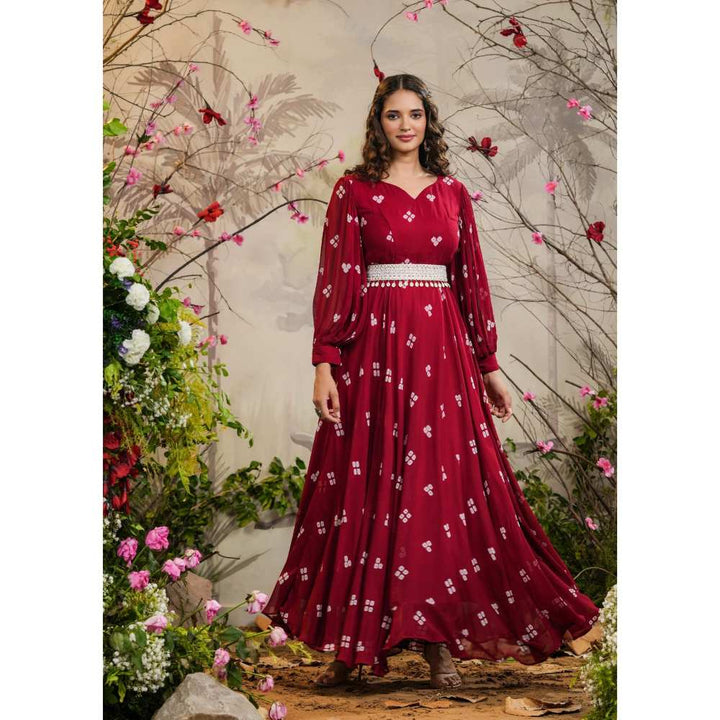 EverBloom Maheep Red Badhej Dress with Belt (Set of 2)