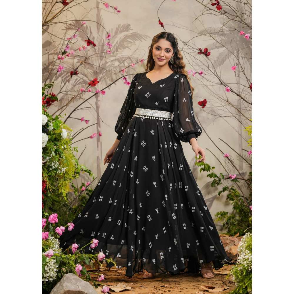 EverBloom Kalki Black Badhej Dress with Belt (Set of 2)