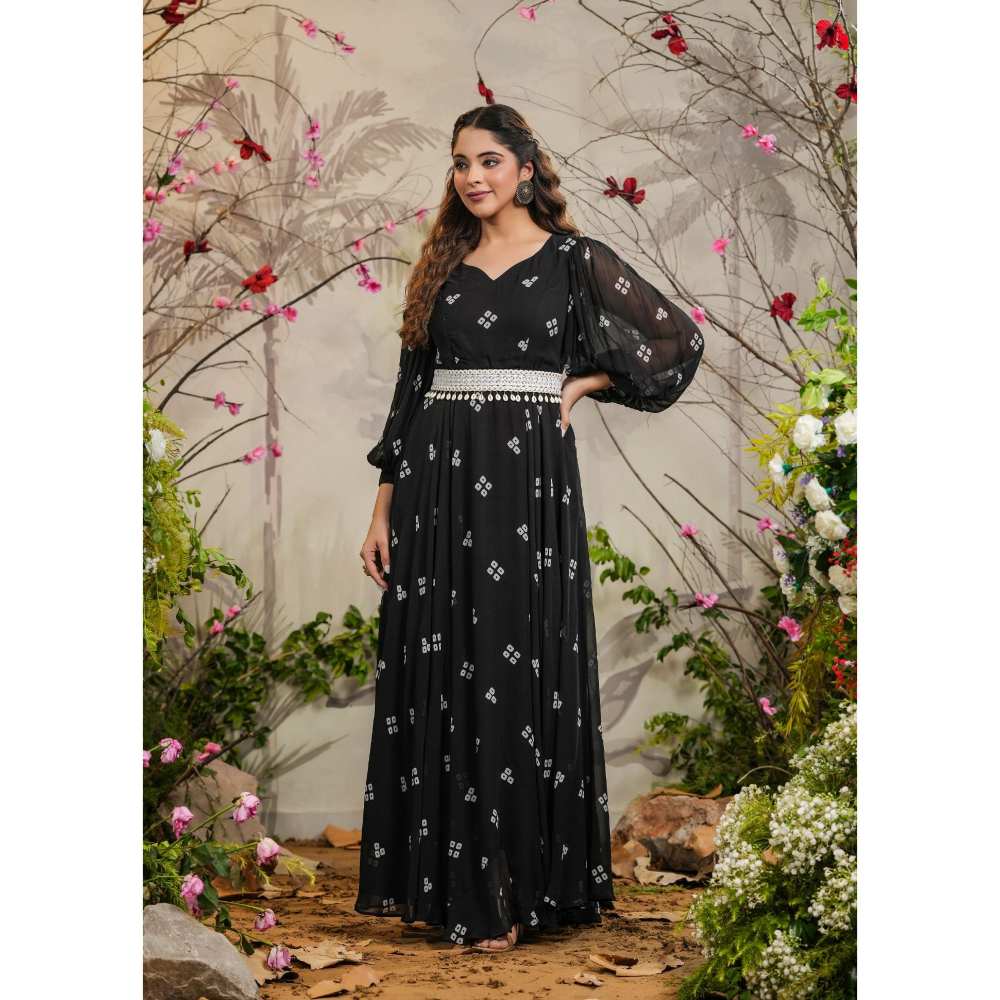 EverBloom Kalki Black Badhej Dress with Belt (Set of 2)