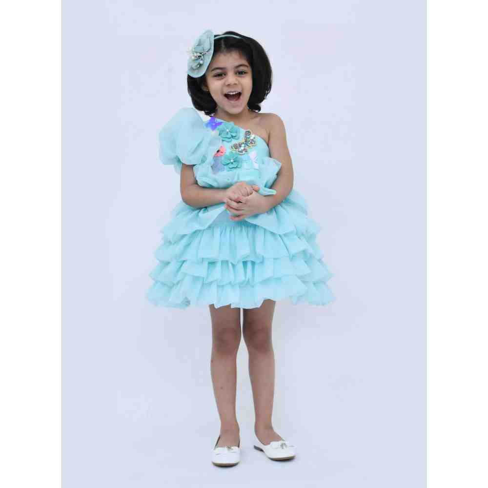 Fayon Kids Blue Organza One Off Shoulder Style Frock (0-6 Months)