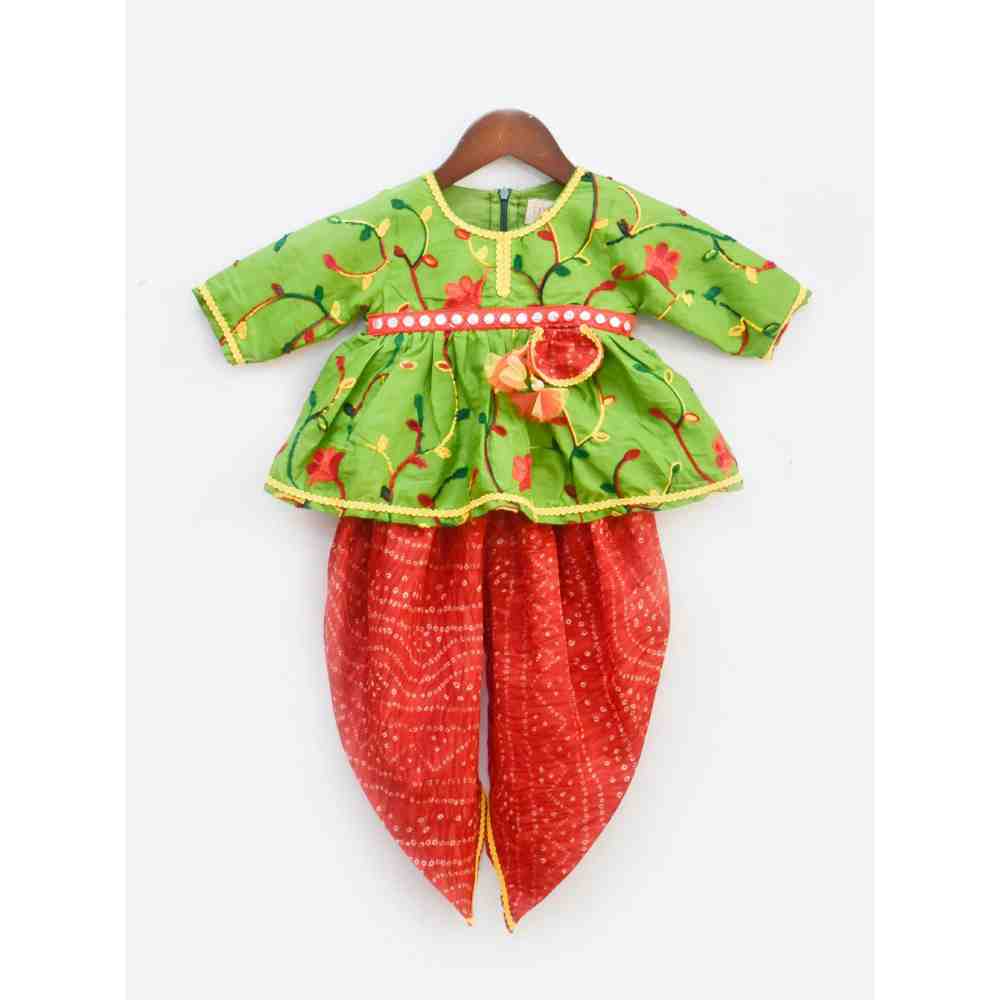 Fayon Kids Green Embroidery Peplum with Red Dhoti (0-6 Months)