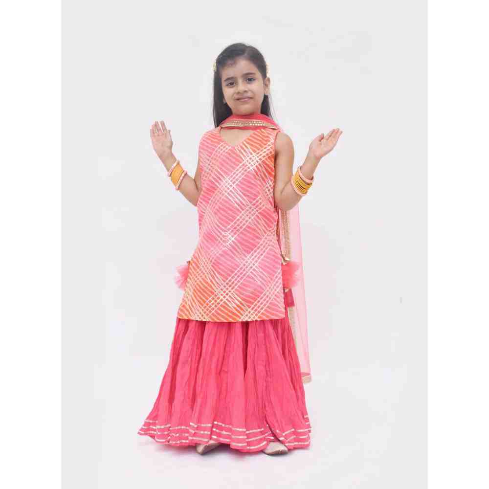 Fayon Kids Pink Leheriya Kotta Kurti with Coral Ghagra Skirt (0-6 Months)