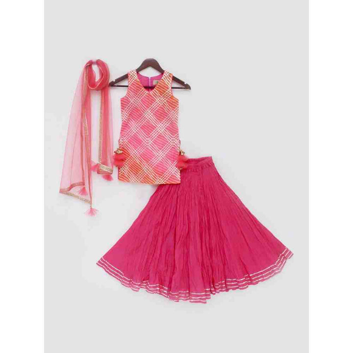 Fayon Kids Pink Leheriya Kotta Kurti with Coral Ghagra Skirt (0-6 Months)