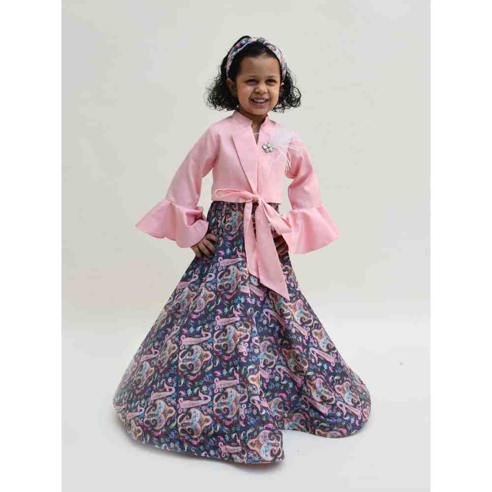 Fayon Kids Pink Tie Knot Top with Printed Lehenga (0-6 Months)