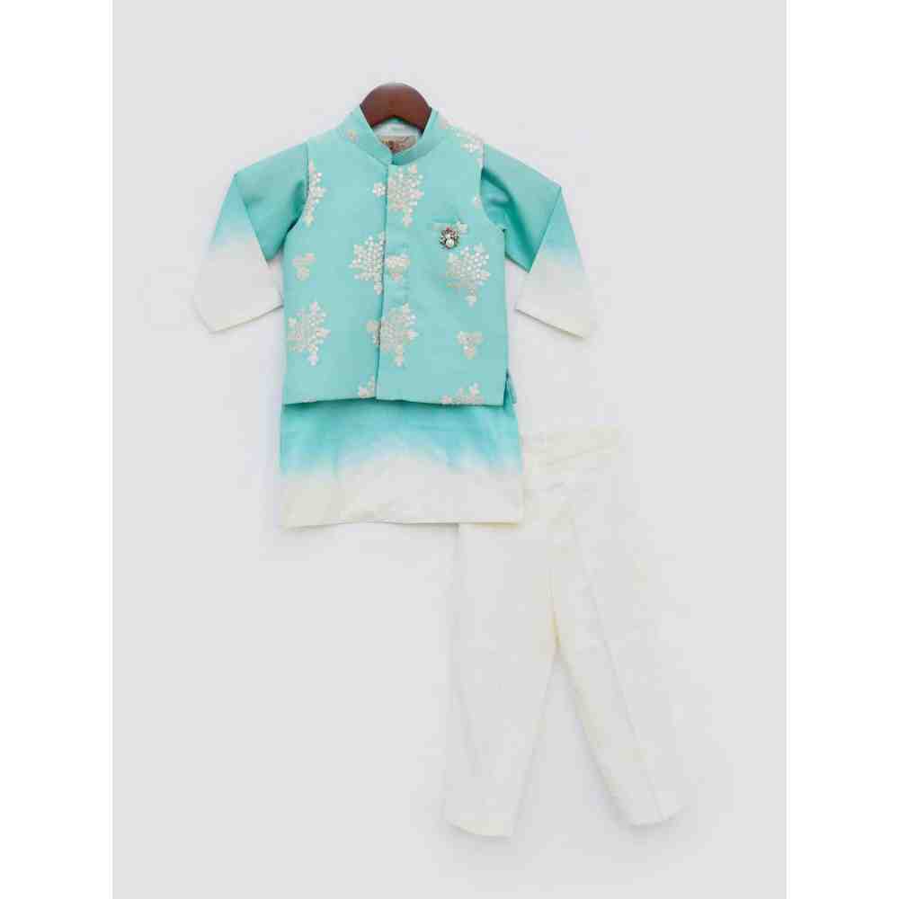 Fayon Kids Acqua Embroidery Jacket with Shaded Kurta and Pant set (0-6 Months)