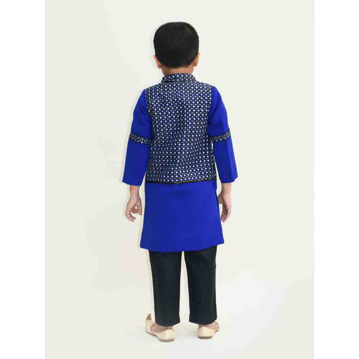 Fayon Kids Blue and Black Embroidery Ajkan with Black Pant Set (0-6 Months)