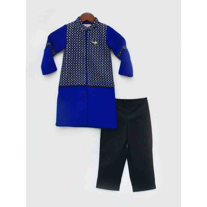 Fayon Kids Blue and Black Embroidery Ajkan with Black Pant Set (0-6 Months)
