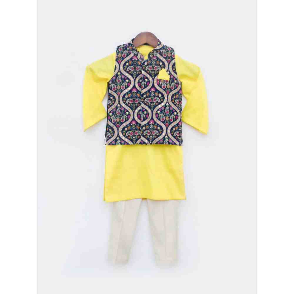 Fayon Kids Blue Embroidery Velvet Jacket with Yellow Kurta Set (0-6 Months)