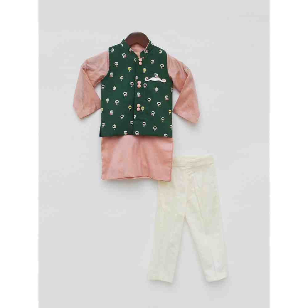 Fayon Kids Green printed Jacket with Peach Kurta and Pant (0-6 Months)