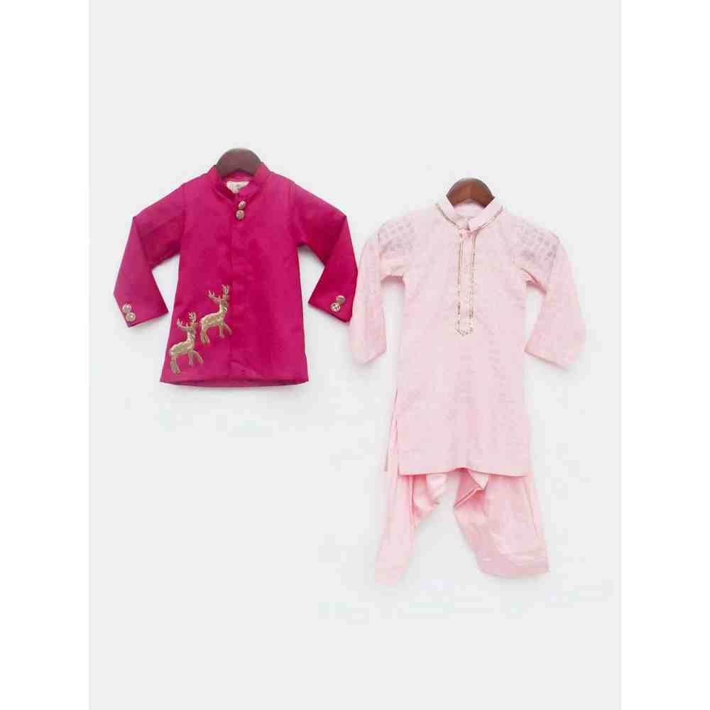 Fayon Kids Hot Pink Jacket with Baby Pink Kurta and Salwar (0-6 Months)
