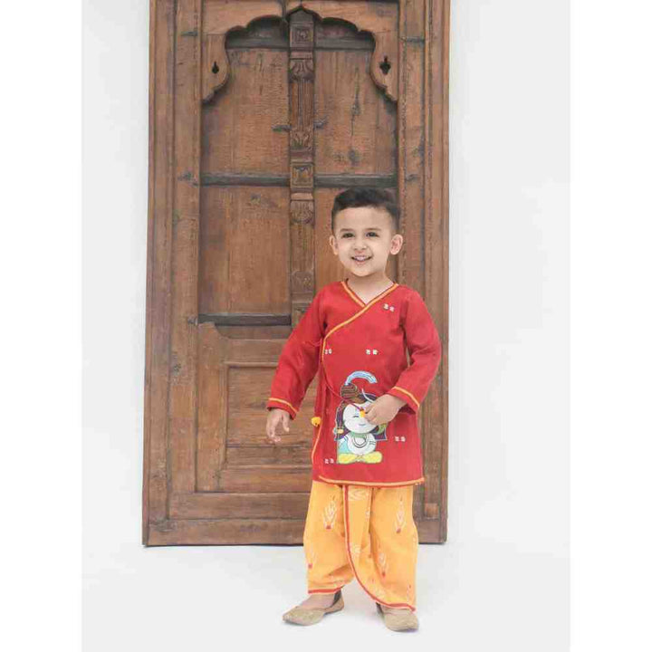 Fayon Kids Red Silk Kurta with Yellow Printed Dhoti (0-6 Months)
