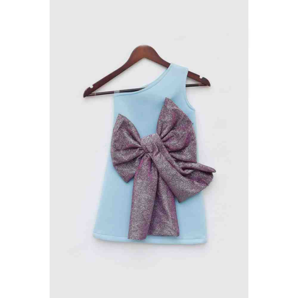 Fayon Kids Blue Lycra Dress with Purple Shimmer Bow (0-6 Months)