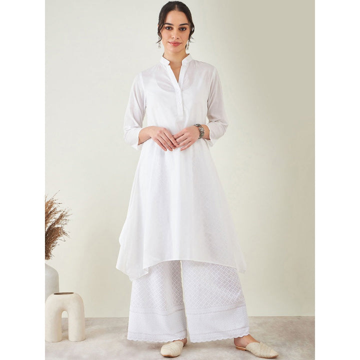 First Resort by Ramola Bachchan White Cotton Shirt Dress With Embroidered Pants (Set of 2)