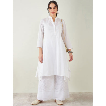 First Resort by Ramola Bachchan White Cotton Shirt Dress With Embroidered Pants (Set of 2)