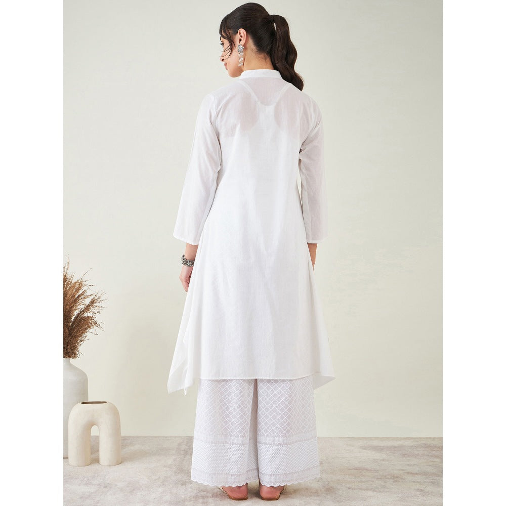 First Resort by Ramola Bachchan White Cotton Shirt Dress With Embroidered Pants (Set of 2)