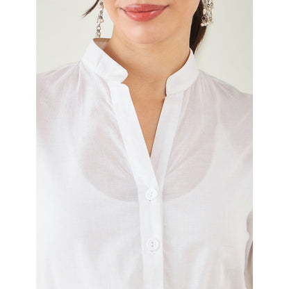 First Resort by Ramola Bachchan White Cotton Shirt Dress With Embroidered Pants (Set of 2)