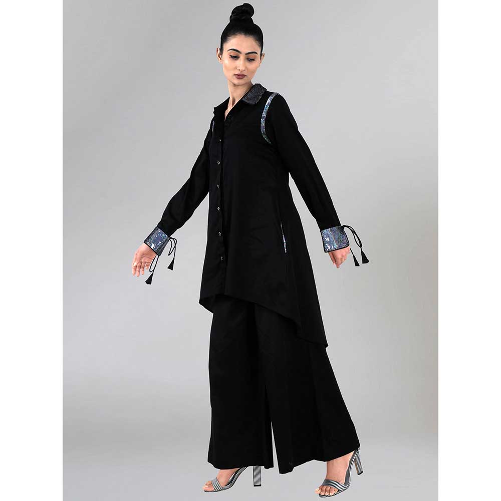 First Resort by Ramola Bachchan Black Sequined Shirt Dress And Wide Leg Pants