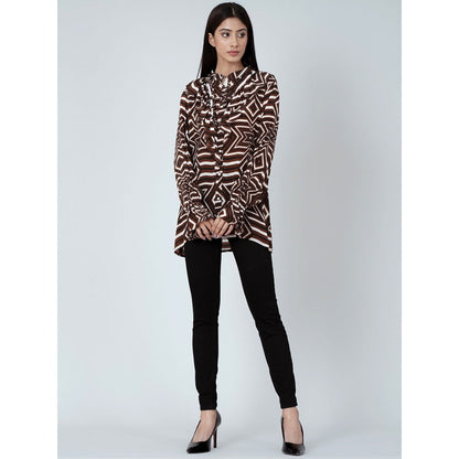 First Resort by Ramola Bachchan Brown And White Geometric Frill Shirt
