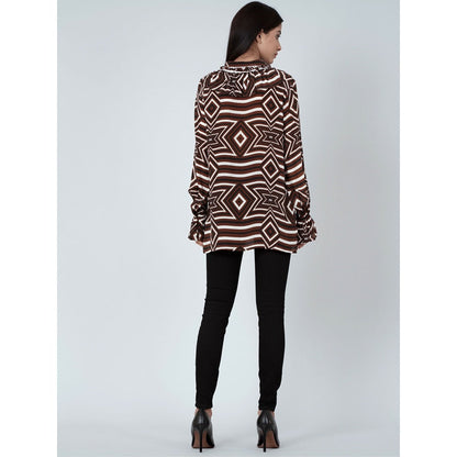 First Resort by Ramola Bachchan Brown And White Geometric Frill Shirt