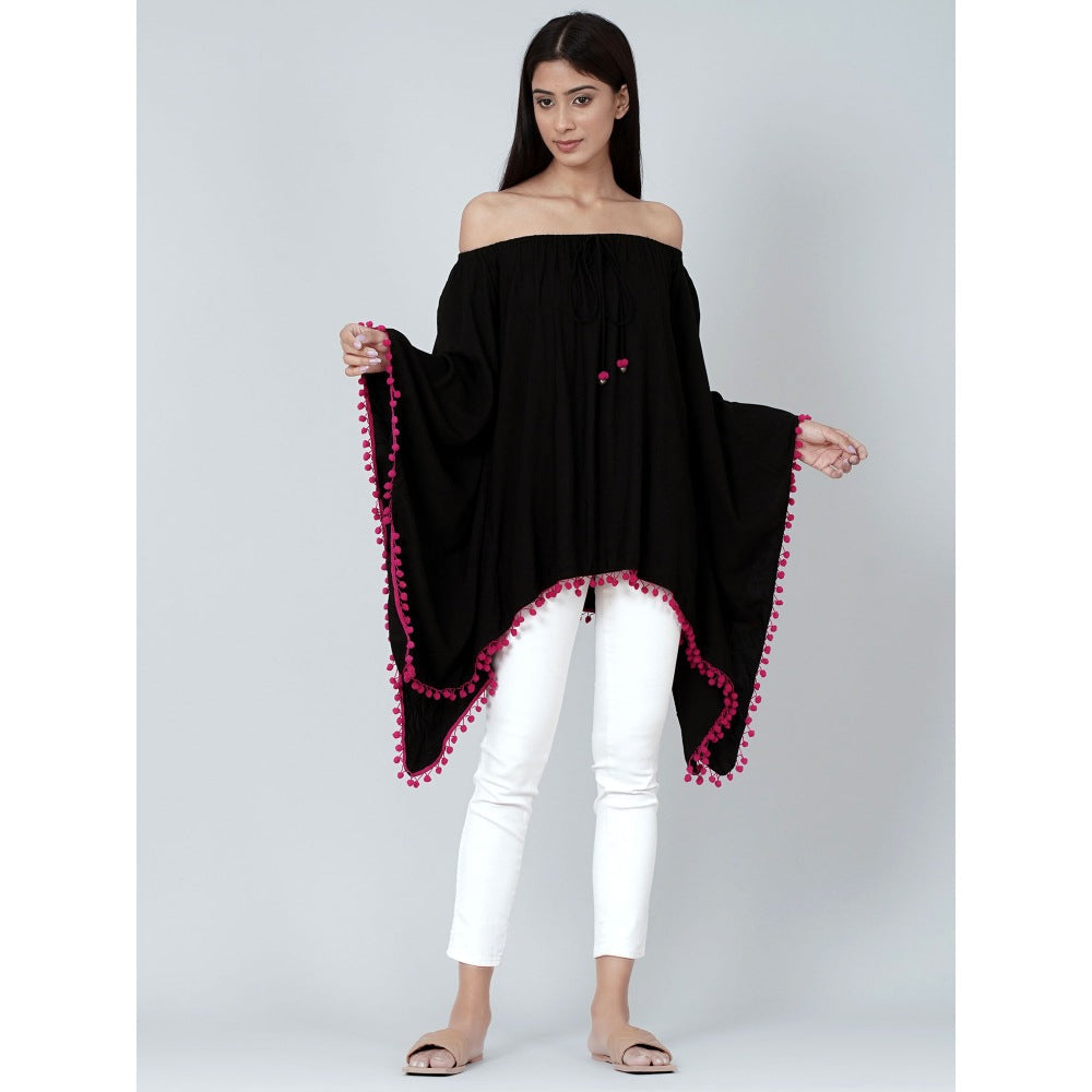 First Resort by Ramola Bachchan Black Pom Pom Poncho