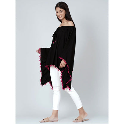 First Resort by Ramola Bachchan Black Pom Pom Poncho