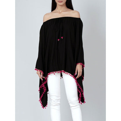 First Resort by Ramola Bachchan Black Pom Pom Poncho