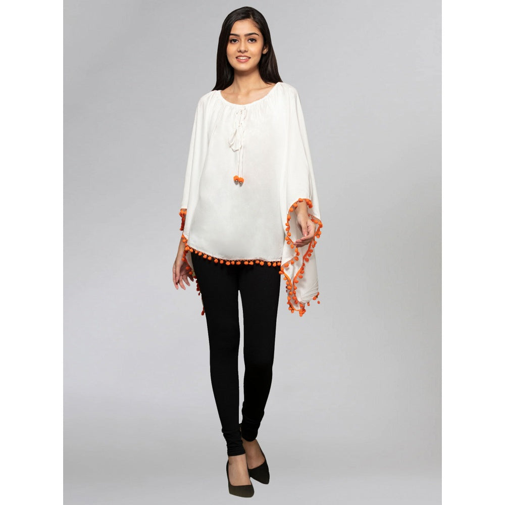 First Resort by Ramola Bachchan White Pom Pom Poncho