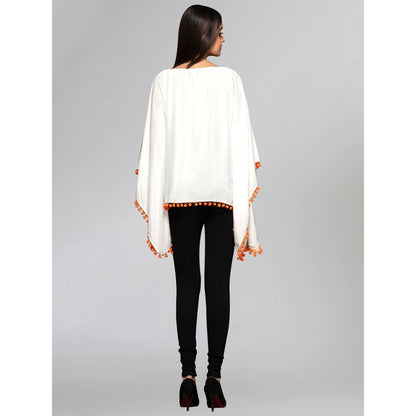 First Resort by Ramola Bachchan White Pom Pom Poncho