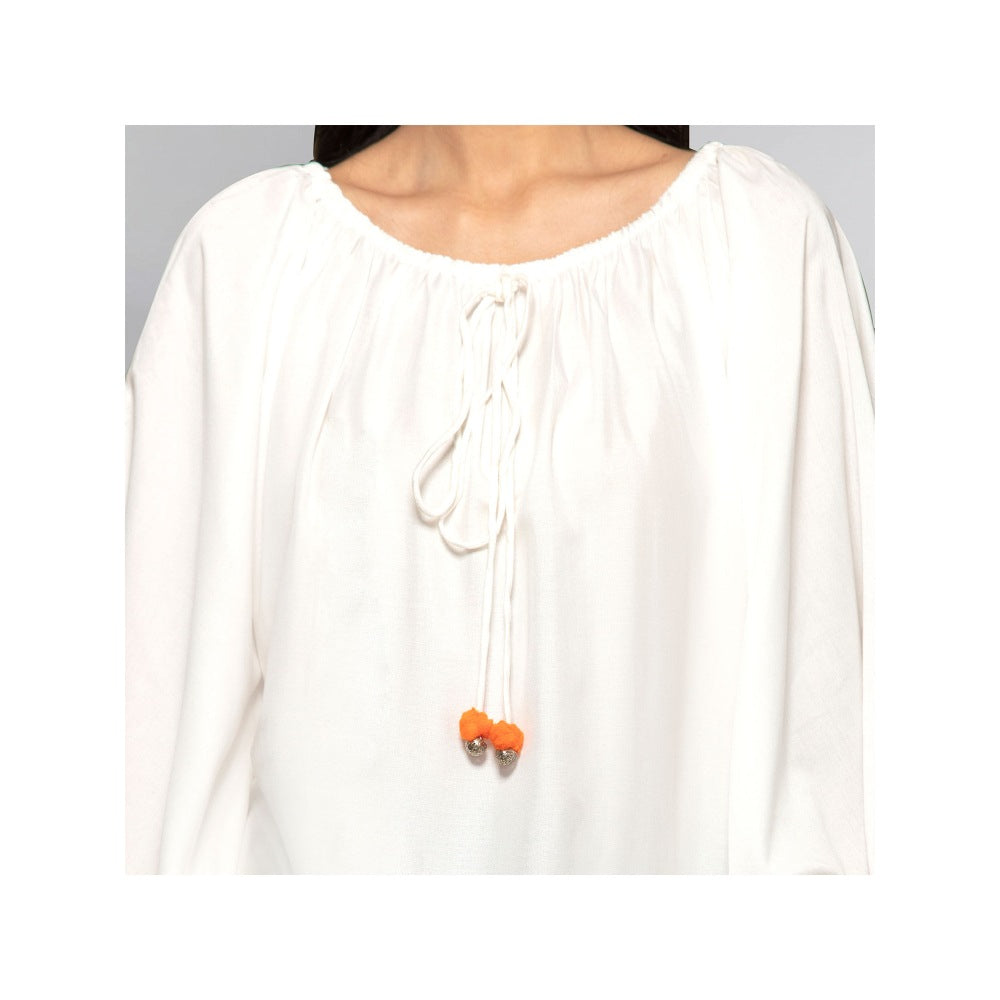 First Resort by Ramola Bachchan White Pom Pom Poncho