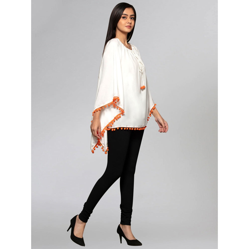 First Resort by Ramola Bachchan White Pom Pom Poncho