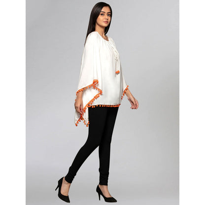 First Resort by Ramola Bachchan White Pom Pom Poncho