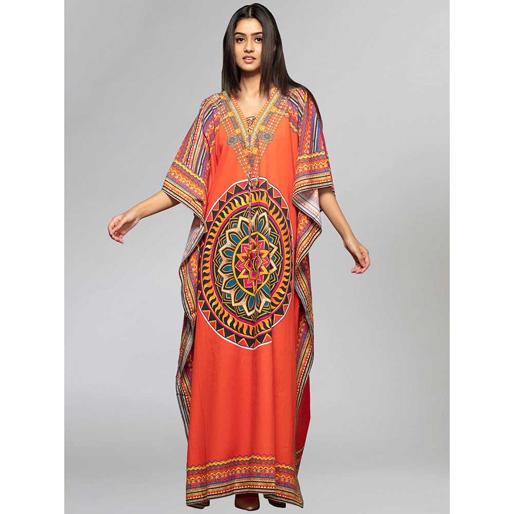 First Resort by Ramola Bachchan Orange Tribal Full Length Kaftan