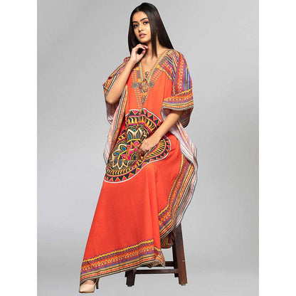 First Resort by Ramola Bachchan Orange Tribal Full Length Kaftan